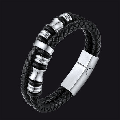 Viking Black Engraved Leather Braided Wristband Bracelet for