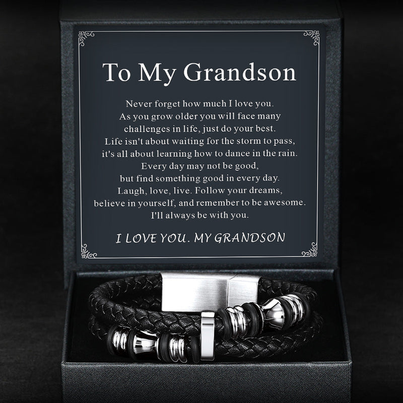 Engraved Black Braided Leather Bracelet Cuff Gift for