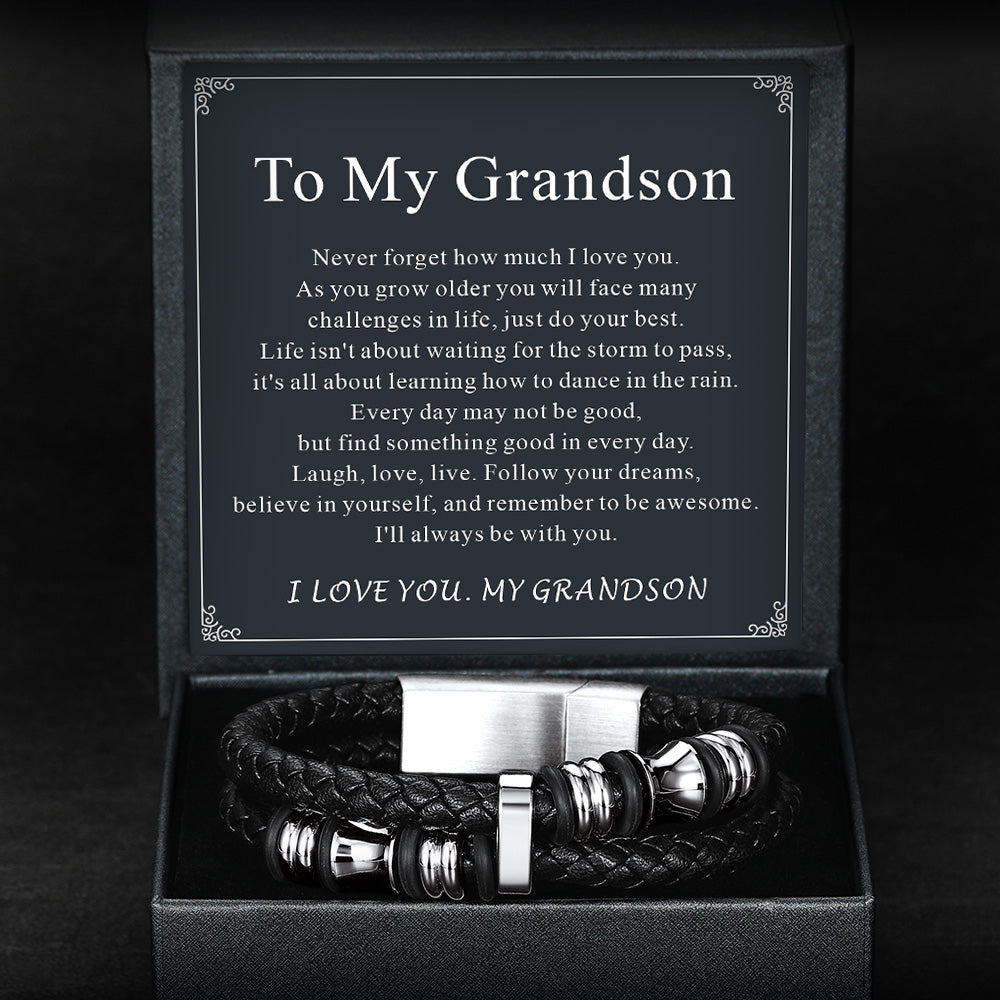 Engraved Braided Leather Bracelet for My Grandson