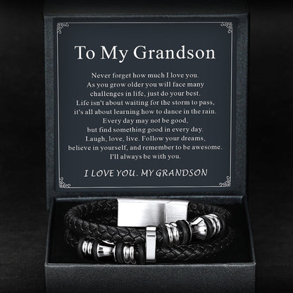 Engraved Braided Leather Bracelet for My Grandson