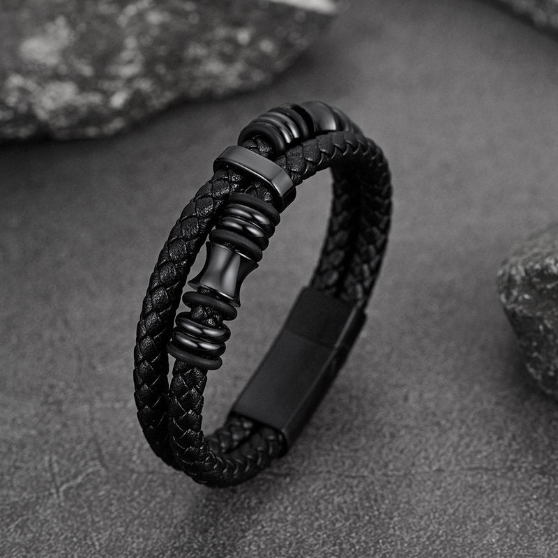 Engraved Black Braided Leather Bracelet Cuff Gift for