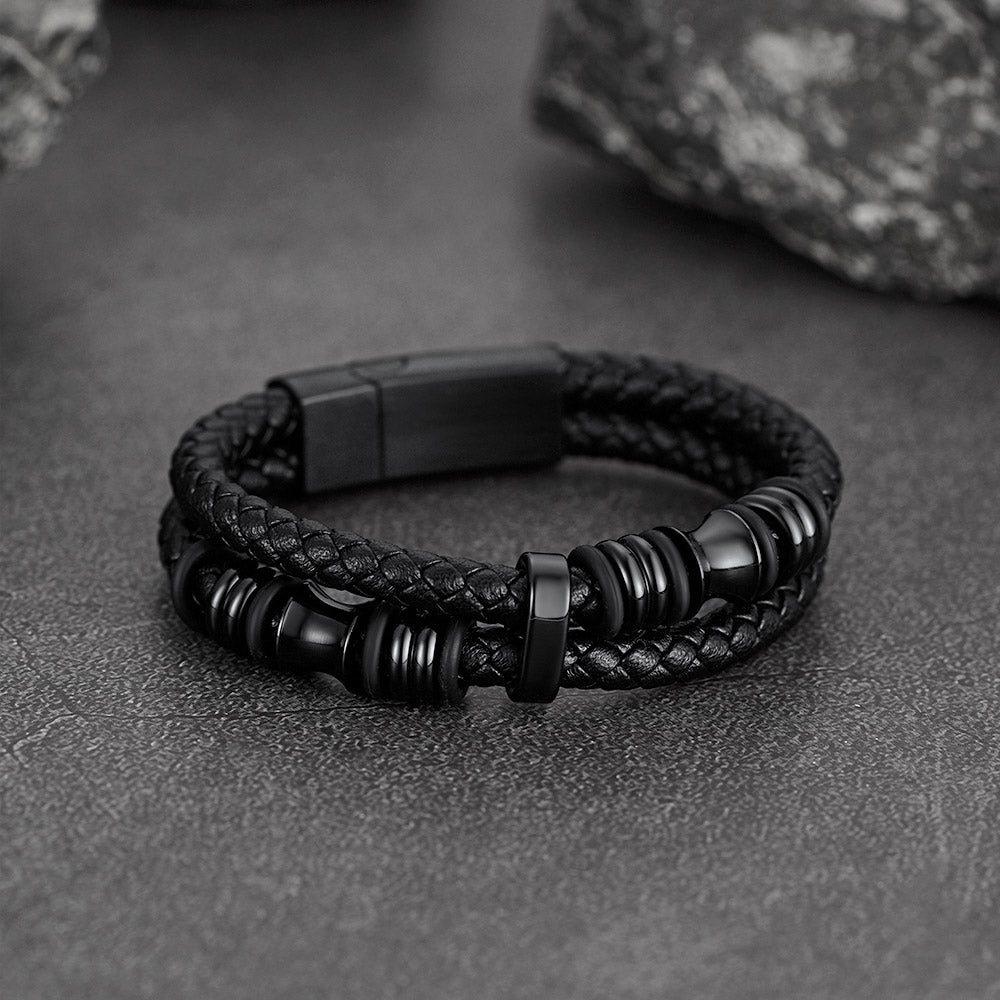 Engraved Black Braided Leather Bracelet Cuff Gift for