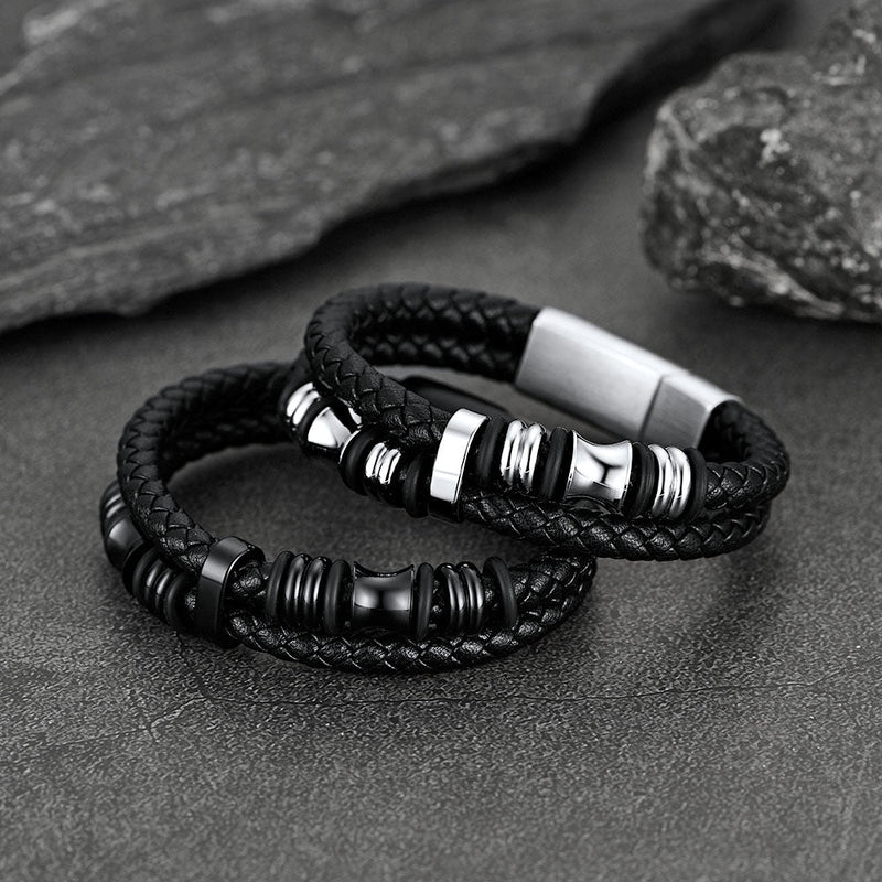 Viking Black Engraved Leather Braided Wristband Bracelet for