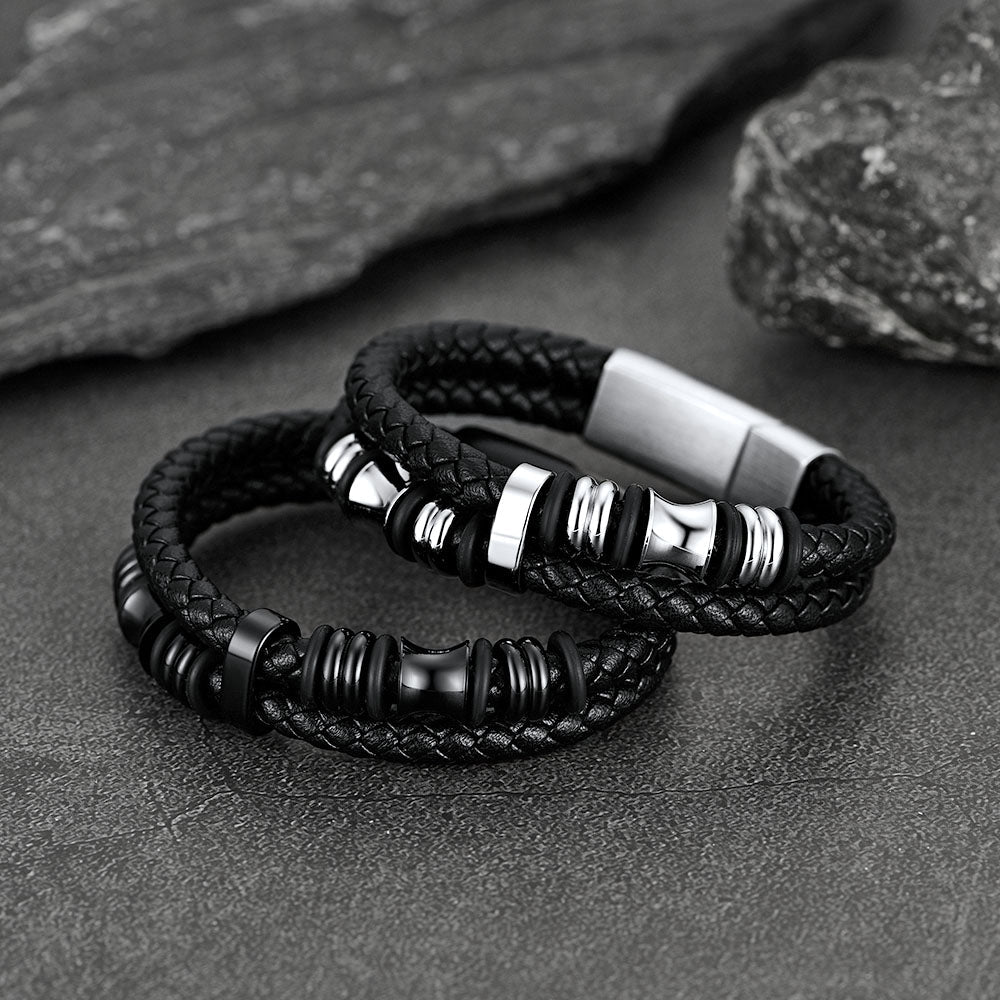 Engraved Black Braided Leather Bracelet Cuff Gift for