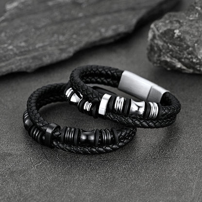 Engraved Black Braided Leather Bracelet Cuff Gift for