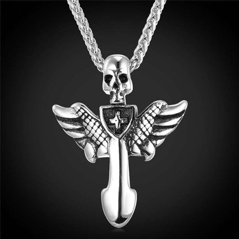 Gothic Skull Cross Necklace With Wing for
