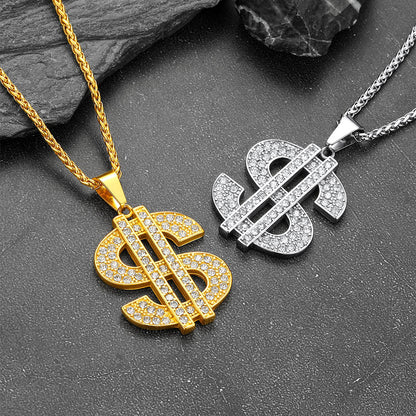 Hip Hop Full Cubic Zirconia Dollar Sign Necklace for