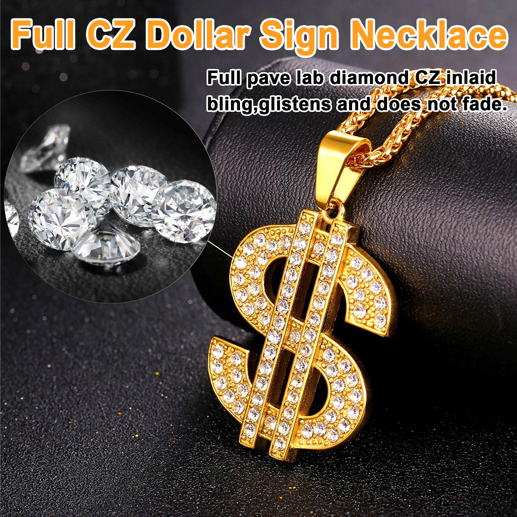 Hip Hop Full Cubic Zirconia Dollar Sign Necklace for