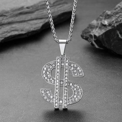 Hip Hop Full Cubic Zirconia Dollar Sign Necklace for