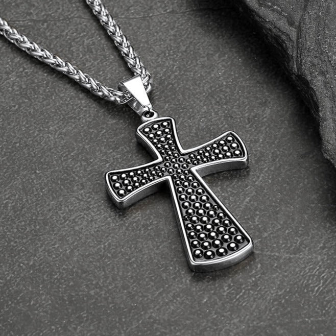 Thick Christ Simple Cross Necklace With Black Enamel Dotted