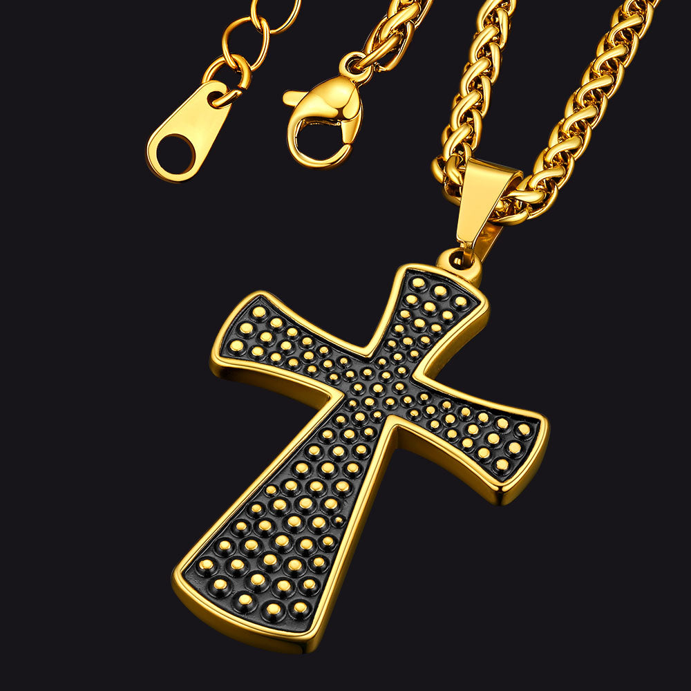 Thick Christ Simple Cross Necklace With Black Enamel Dotted