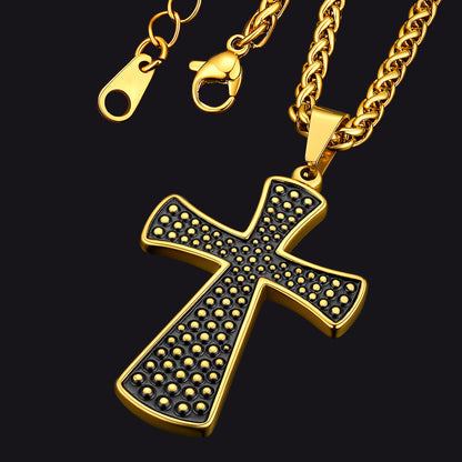 Thick Christ Simple Cross Necklace With Black Enamel Dotted