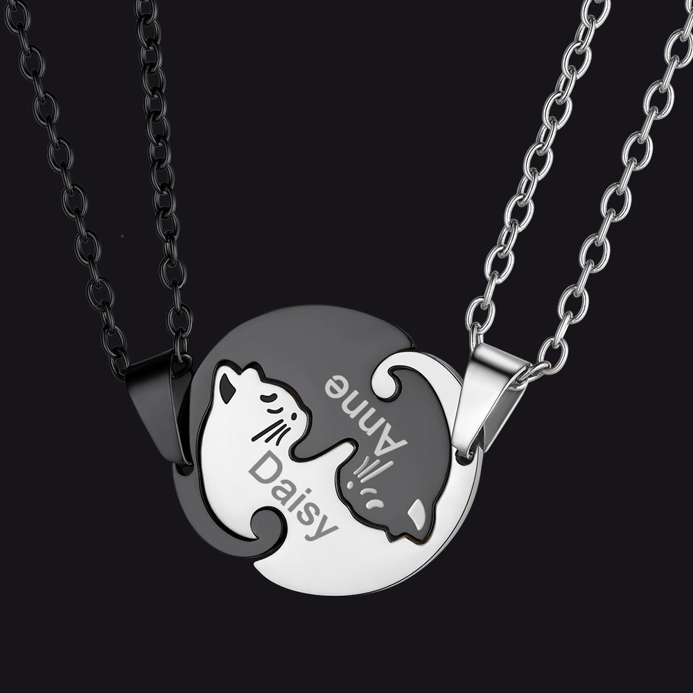 Custom Cat Matching Puzzle Necklace Engraved 2 Names Gift for Couple Girlfriend