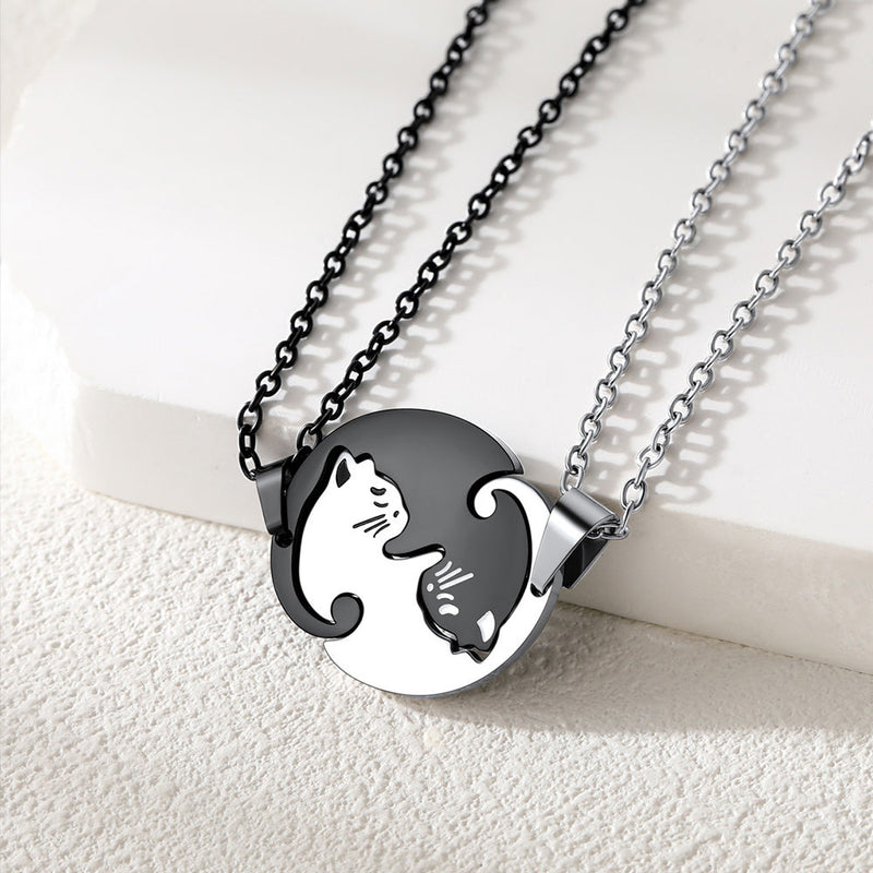 Custom Cat Matching Puzzle Necklace Engraved 2 Names Gift for Couple Girlfriend