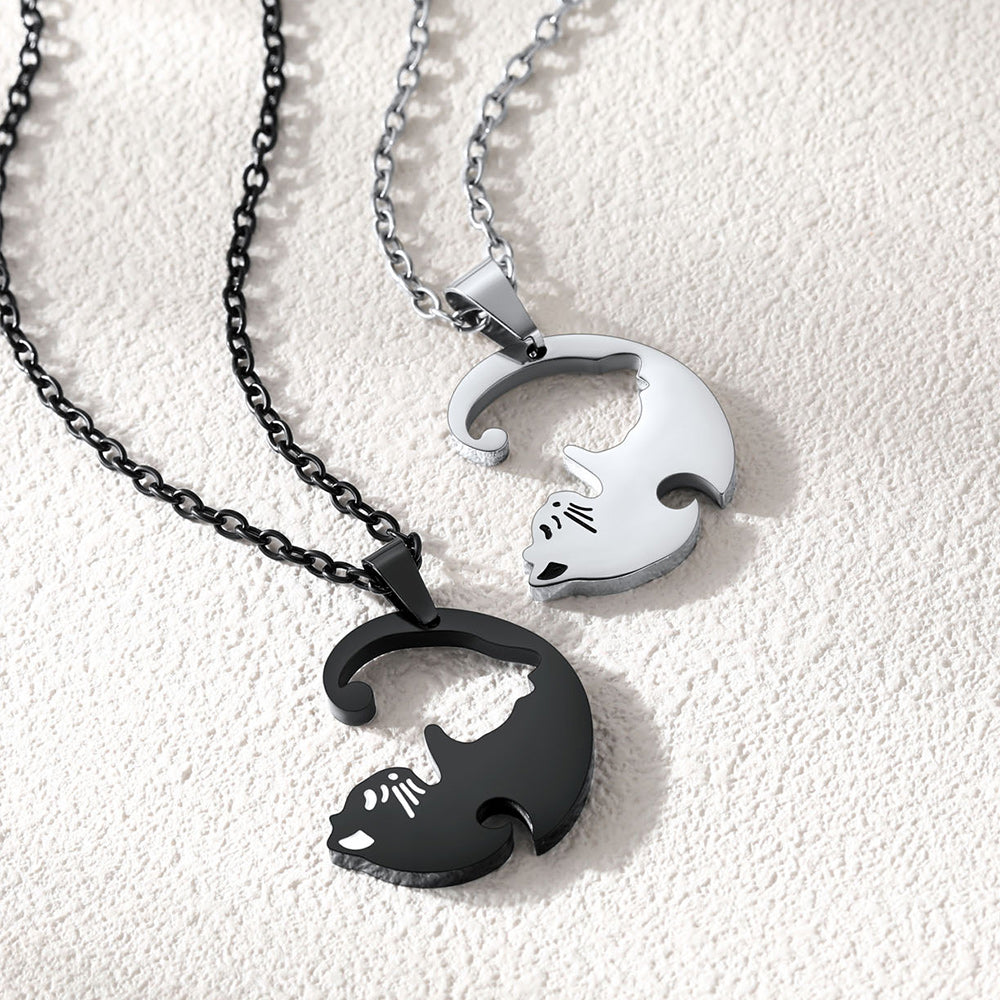 Custom Cat Matching Puzzle Necklace Engraved 2 Names Gift for Couple Girlfriend