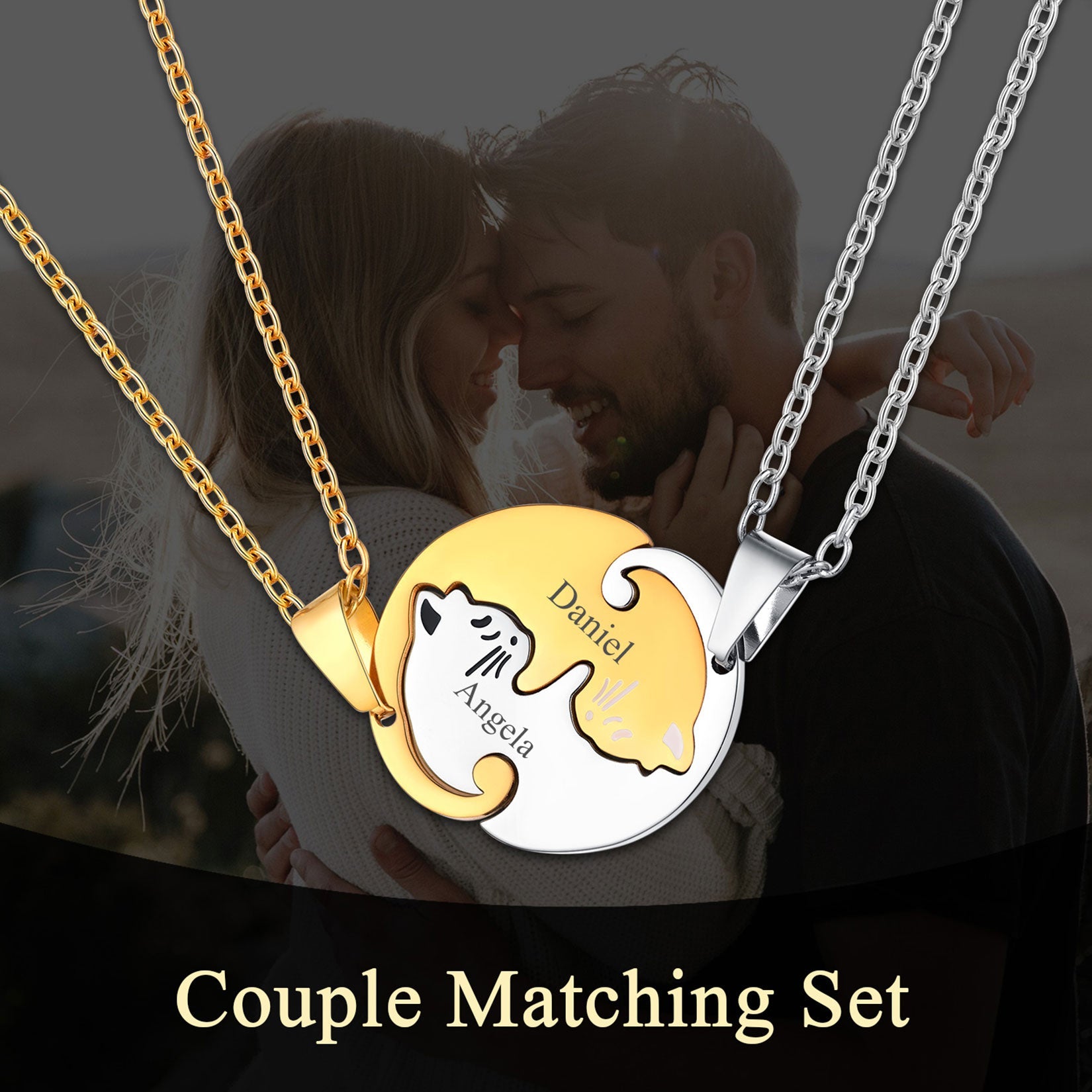 Custom Cat Matching Puzzle Necklace Engraved 2 Names Gift for Couple Girlfriend
