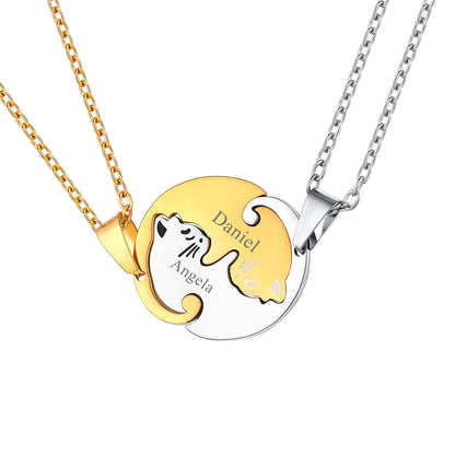 Custom Cat Matching Puzzle Necklace Engraved 2 Names Gift for Couple Girlfriend