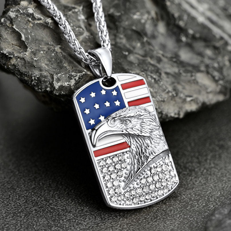 Engraved American Flag Eagle Dog Tag Necklace for
