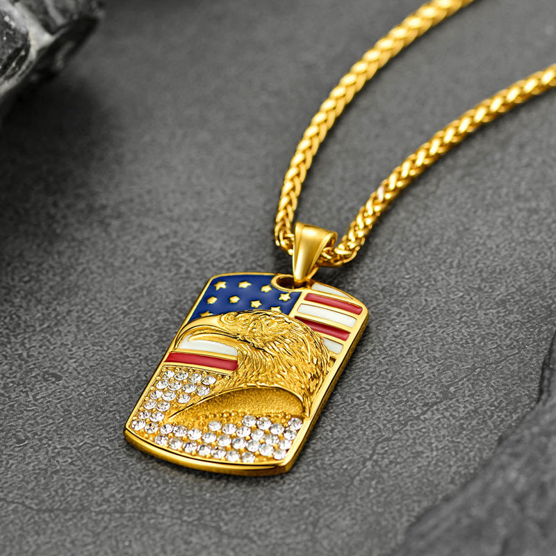 Engraved American Flag Eagle Dog Tag Necklace for
