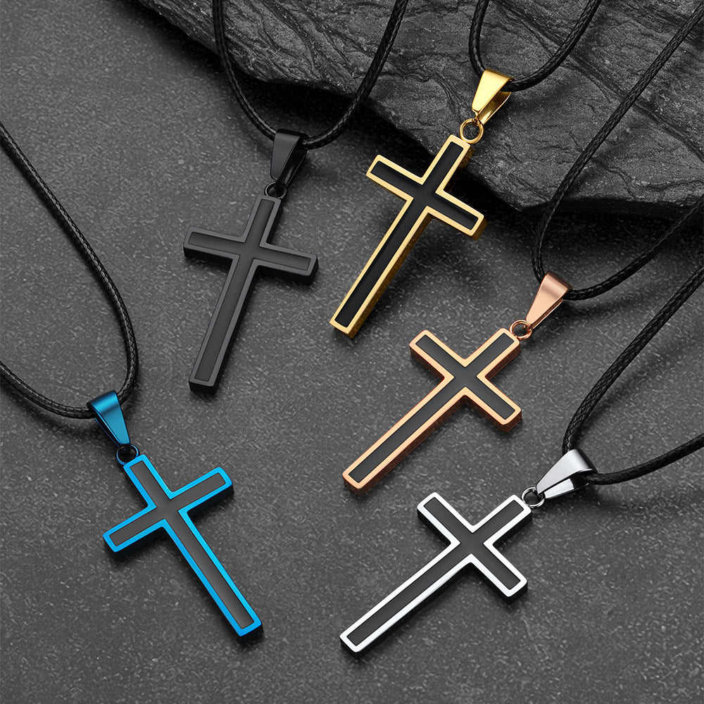 Christian Black Enamel Cross Necklace With Braided Leather Chain for