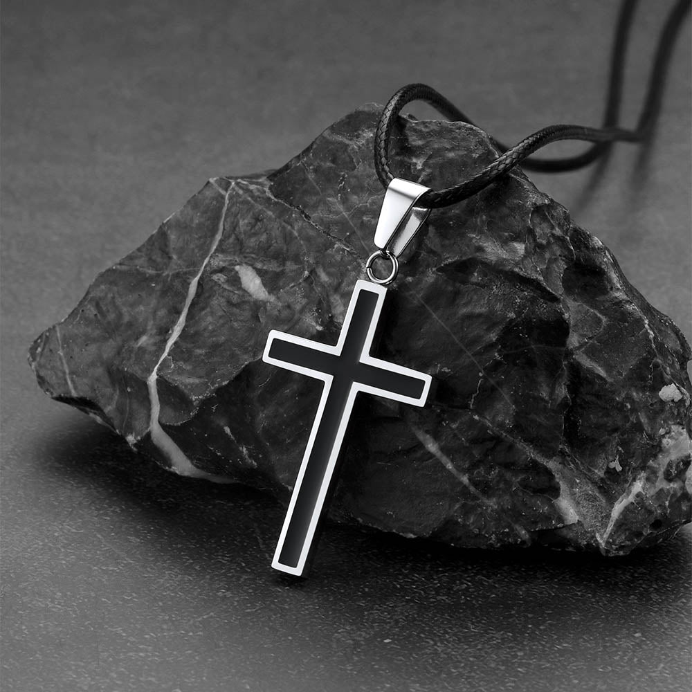 Christian Black Enamel Cross Necklace With Braided Leather Chain for