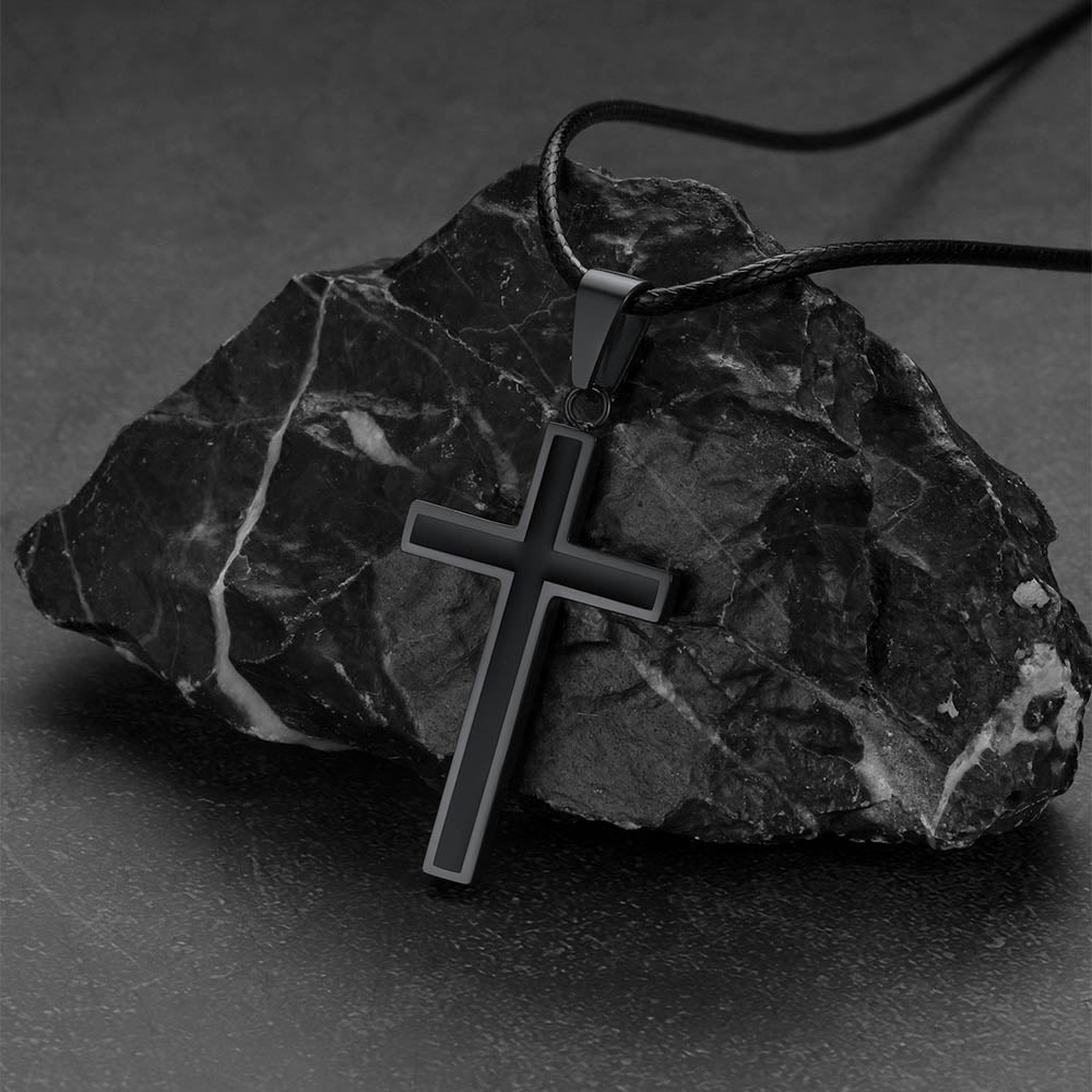 Christian Black Enamel Cross Necklace With Braided Leather Chain for