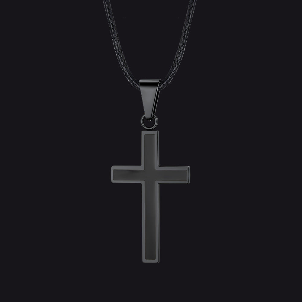 Christian Black Enamel Cross Necklace With Braided Leather Chain for