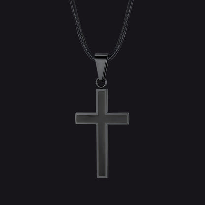Christian Black Enamel Cross Necklace With Braided Leather Chain for