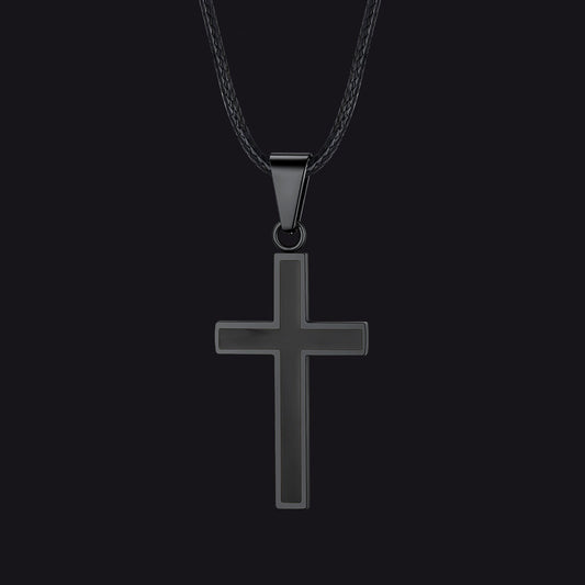 Christian Black Enamel Cross Necklace With Braided Leather Chain for
