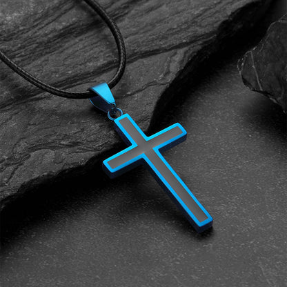 Christian Black Enamel Cross Necklace With Braided Leather Chain for