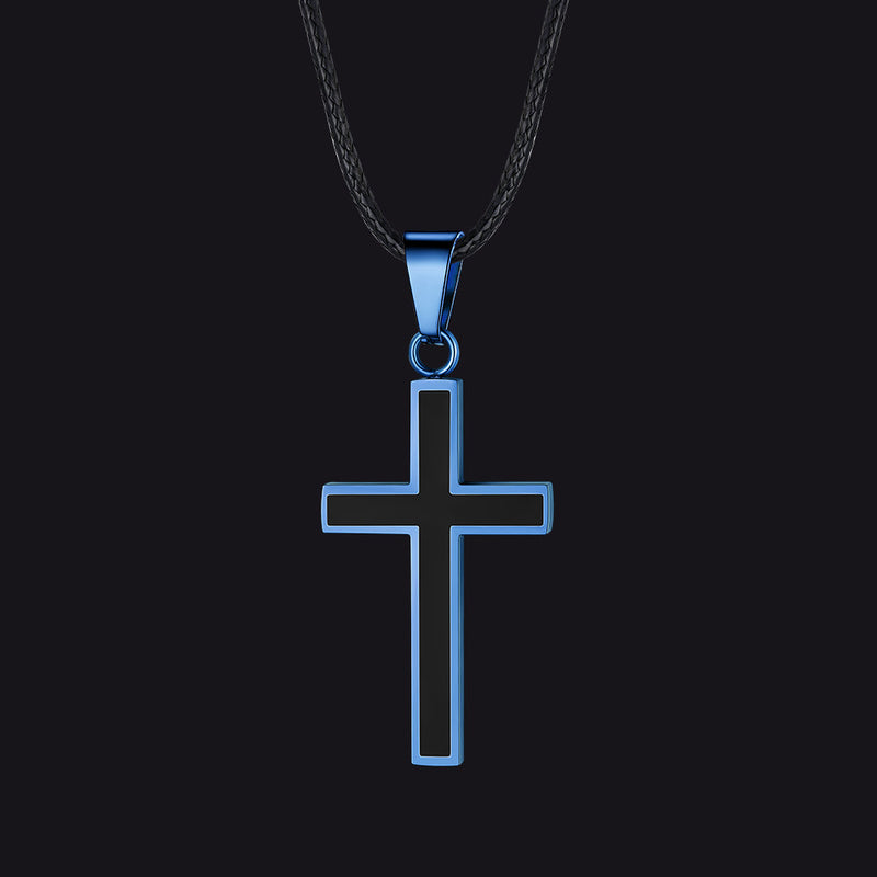 Christian Black Enamel Cross Necklace With Braided Leather Chain for