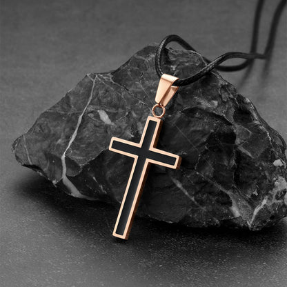 Christian Black Enamel Cross Necklace With Braided Leather Chain for