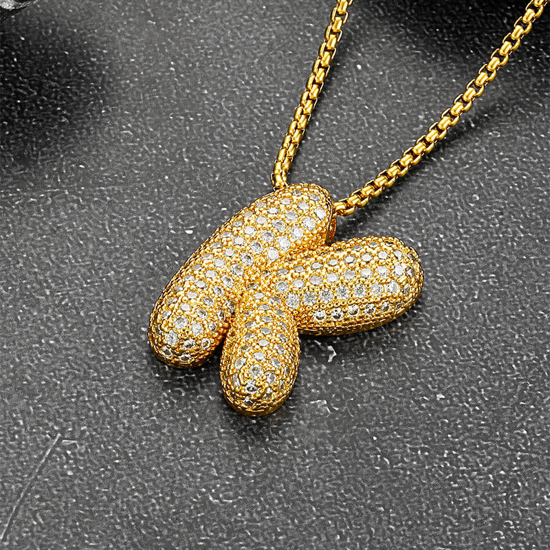 Gold Diamond Bubble Letter Initial Chain Necklace for