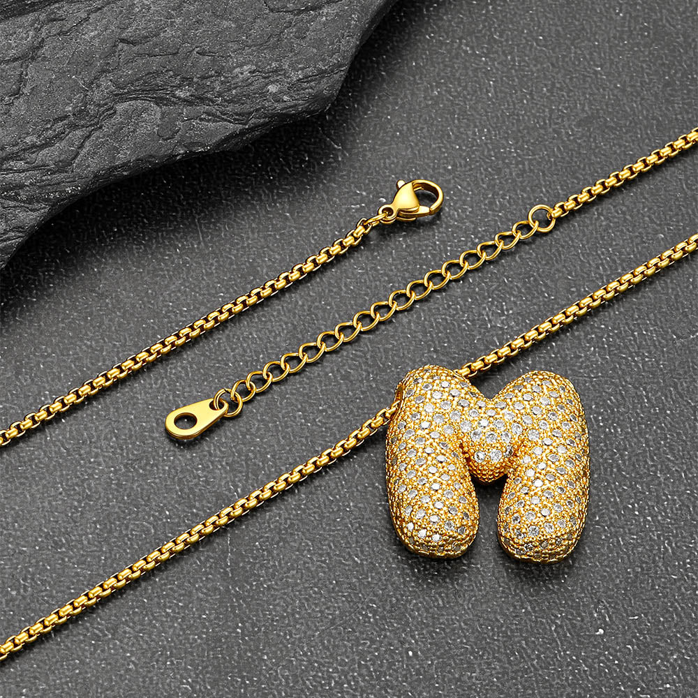 Gold Diamond Bubble Letter Initial Chain Necklace for