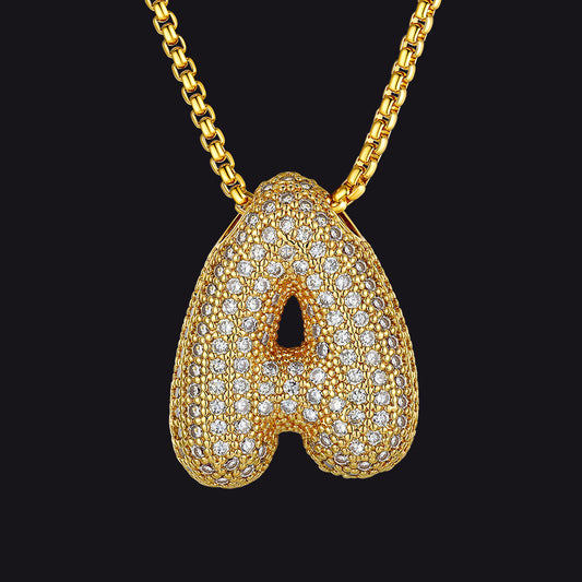 Gold Diamond Bubble Letter Initial Chain Necklace for