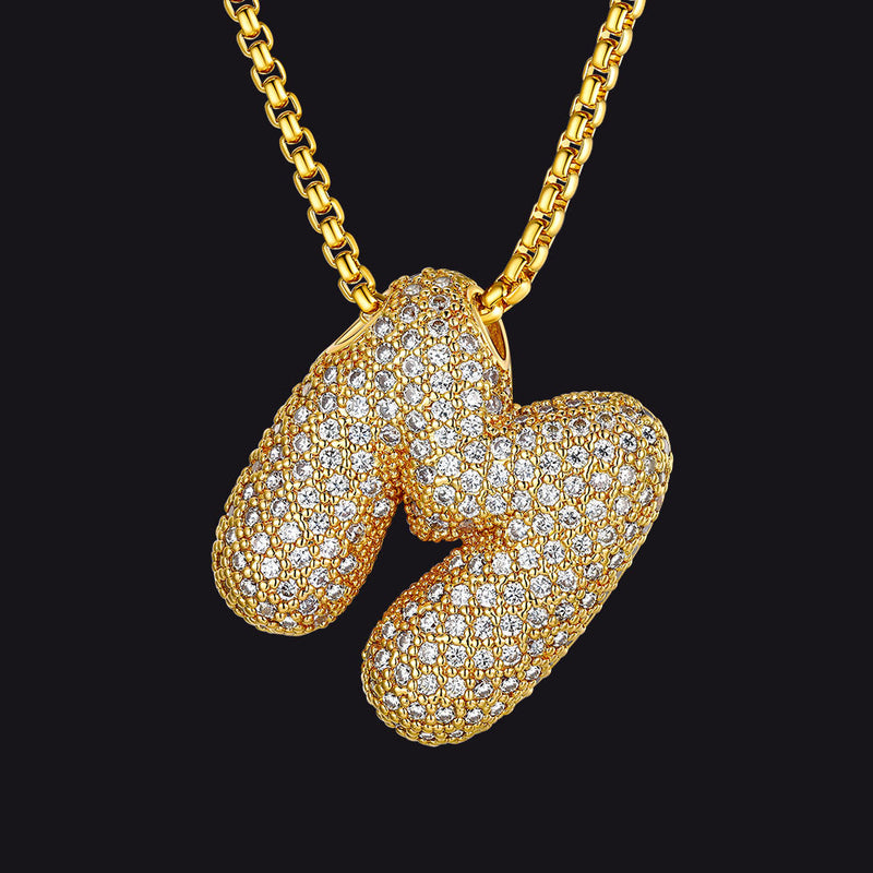 Gold Diamond Bubble Letter Initial Chain Necklace for