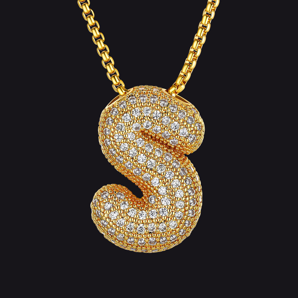Gold Diamond Bubble Letter Initial Chain Necklace for