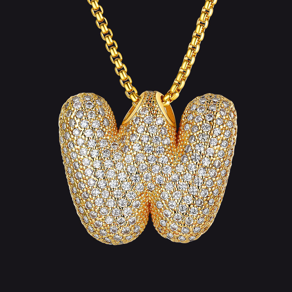 Gold Diamond Bubble Letter Initial Chain Necklace for