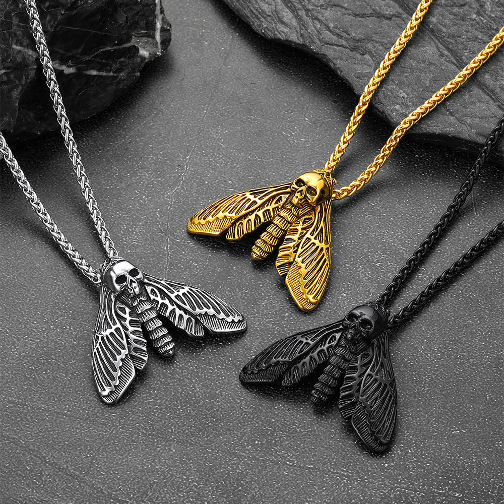 Cool Gothic Skull Moth Necklace for