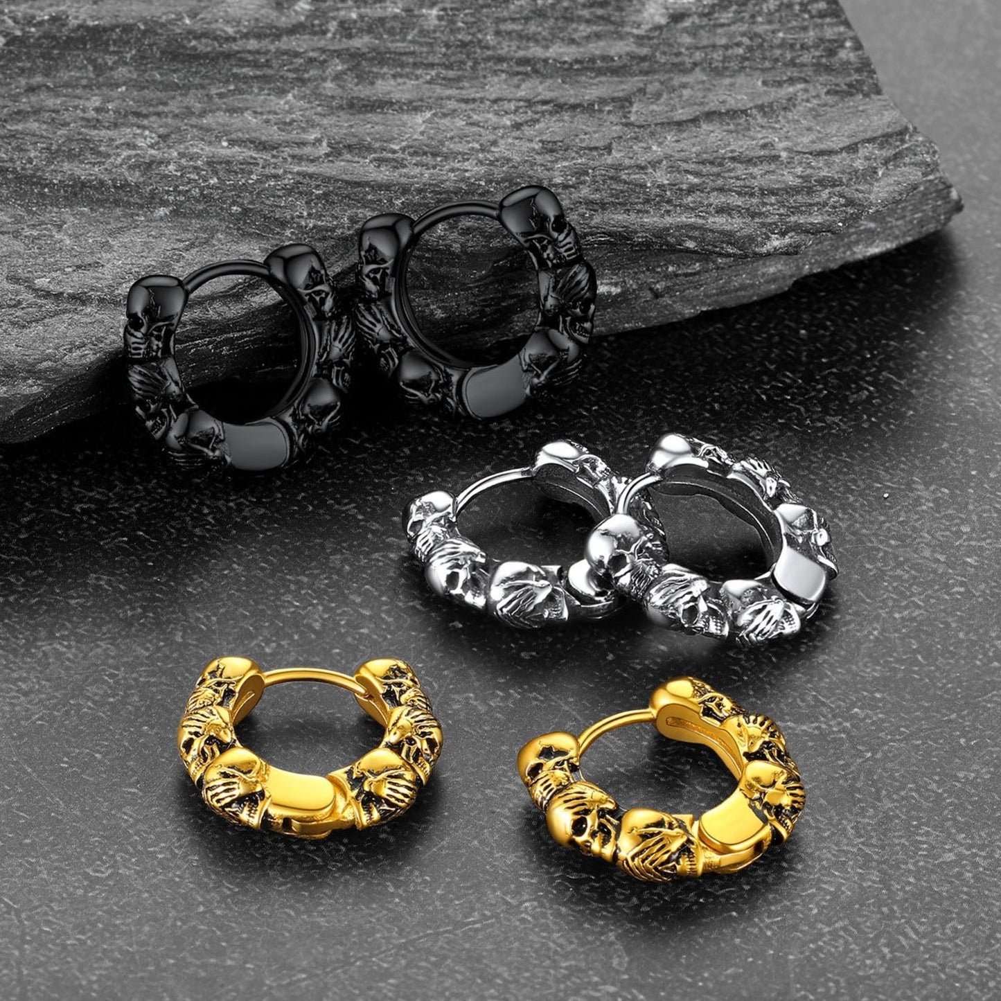 Sterling Silver Skulls Hoop Huugie Earrings for