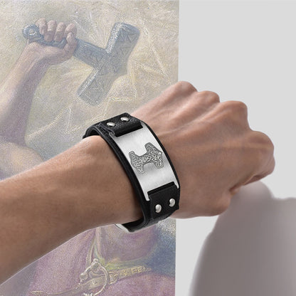 Viking Thor's Hammer Cuff Bracelet Leather Wristband for Son