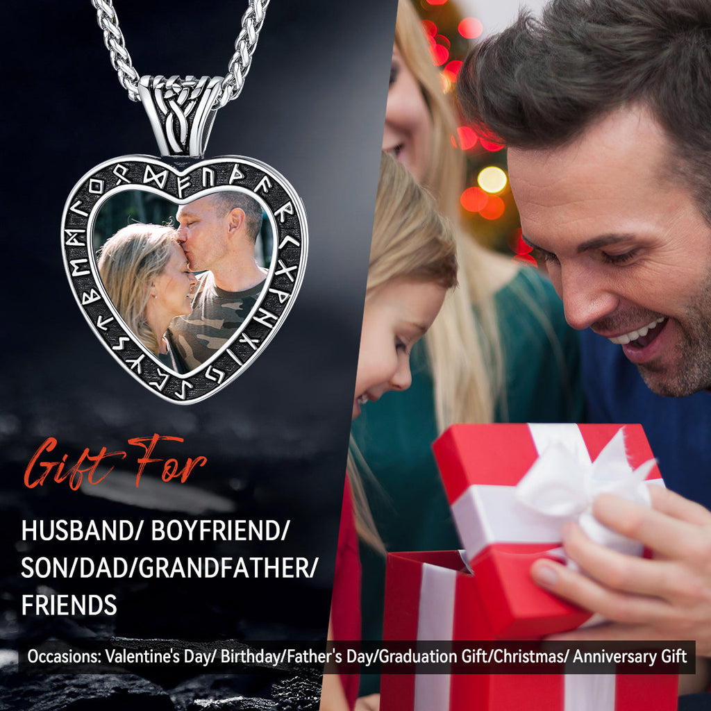Custom Engraved Photo Heart Necklace With Viking Rune Memorial Gift