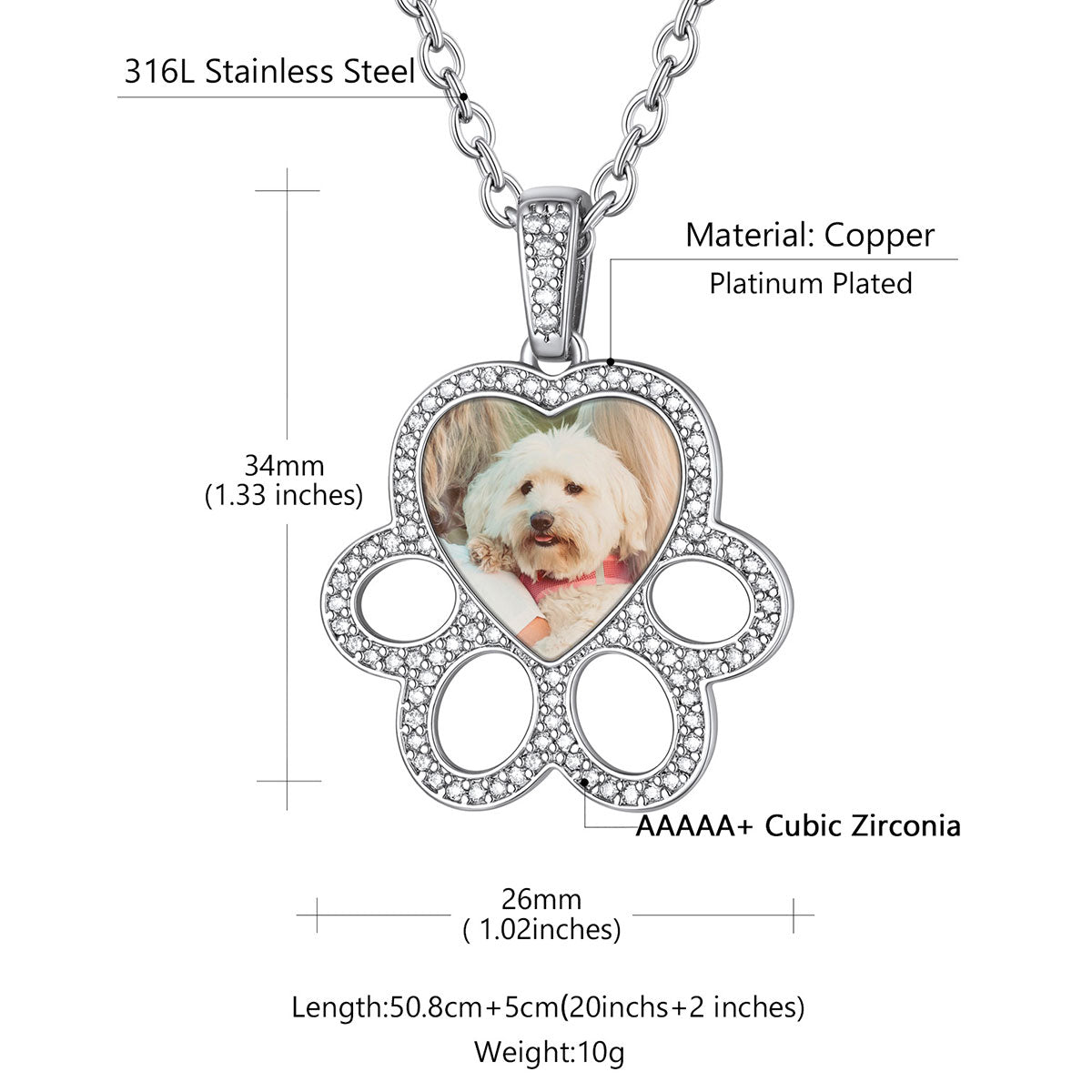 Personalized Picture Dog Paw Necklace With Cz for Pet Lover