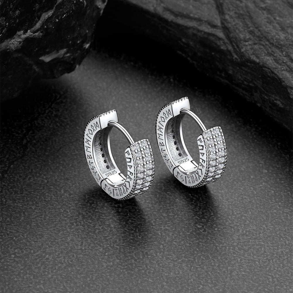 Sterling Silver Diamond Hoop Earrings With Viking Runes for