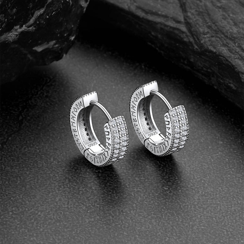 Sterling Silver Diamond Hoop Earrings With Viking Runes for