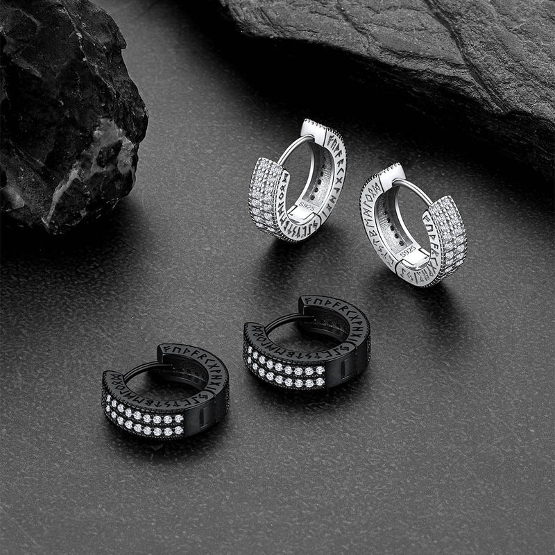 Sterling Silver Diamond Hoop Earrings With Viking Runes for