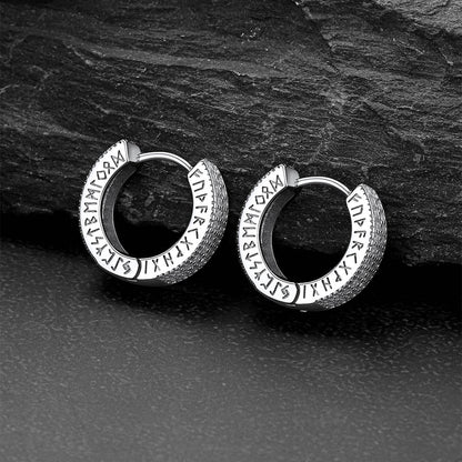 Sterling Silver Diamond Hoop Earrings With Viking Runes for