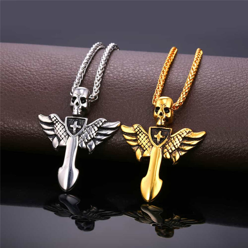 Gothic Skull Cross Necklace With Wing for