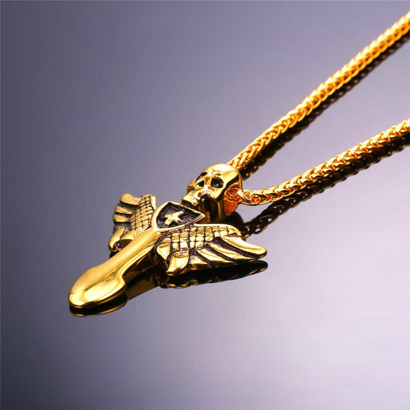 Gothic Skull Cross Necklace With Wing for