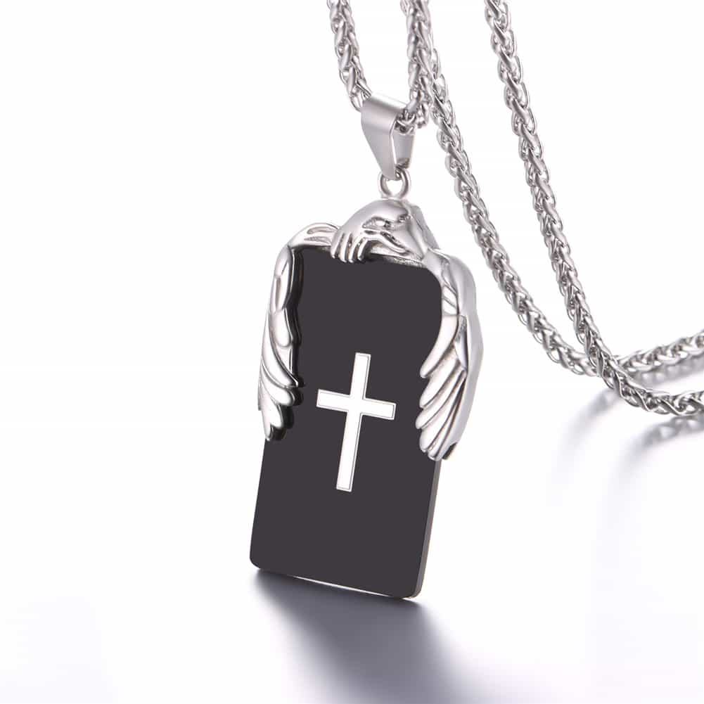 Christian Cross Necklace Dog Tag With Wing